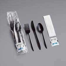 Choice Medium Weight Black Wrapped Plastic Cutlery Set w/ Napkin and Salt/Pepper Packets 250ct