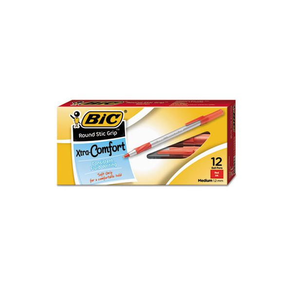 BIC Round Stic Grip Xtra Comfort Ballpoint Pen Medium 1.2 mm Red 12ct