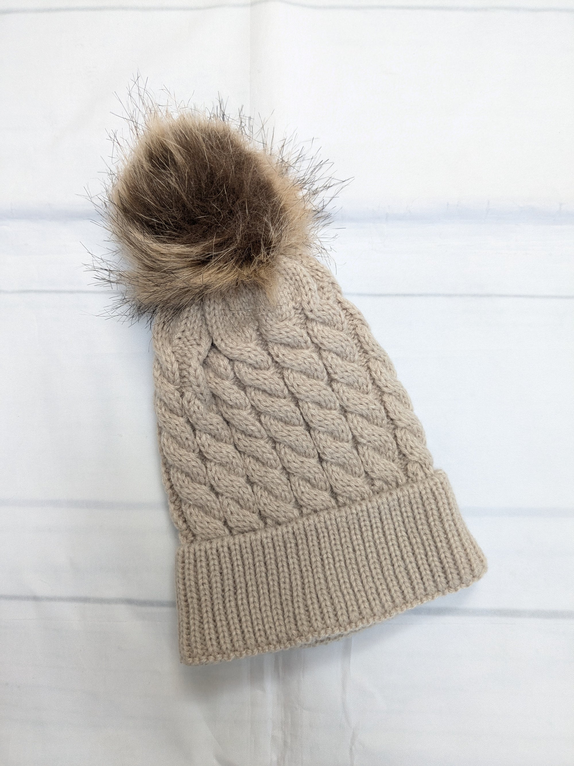 Sandstone Knit Hat W/Faux Fur Pom Pom