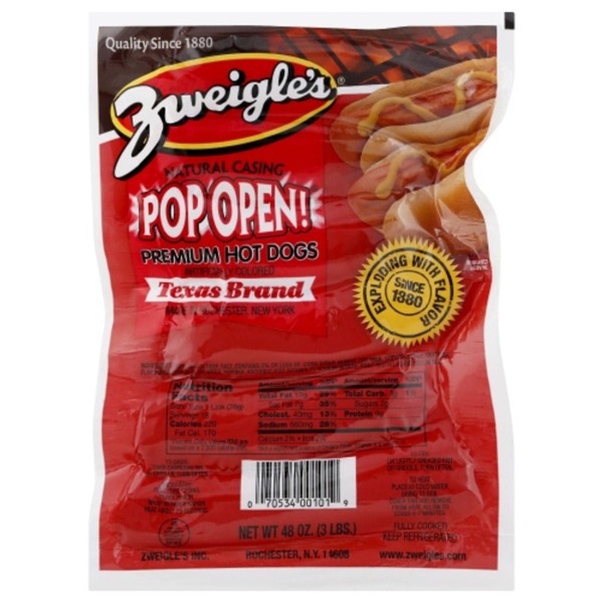 Zweigles Natural Casing Pop Open Premium Texas Brand Red Hot Dogs 48oz