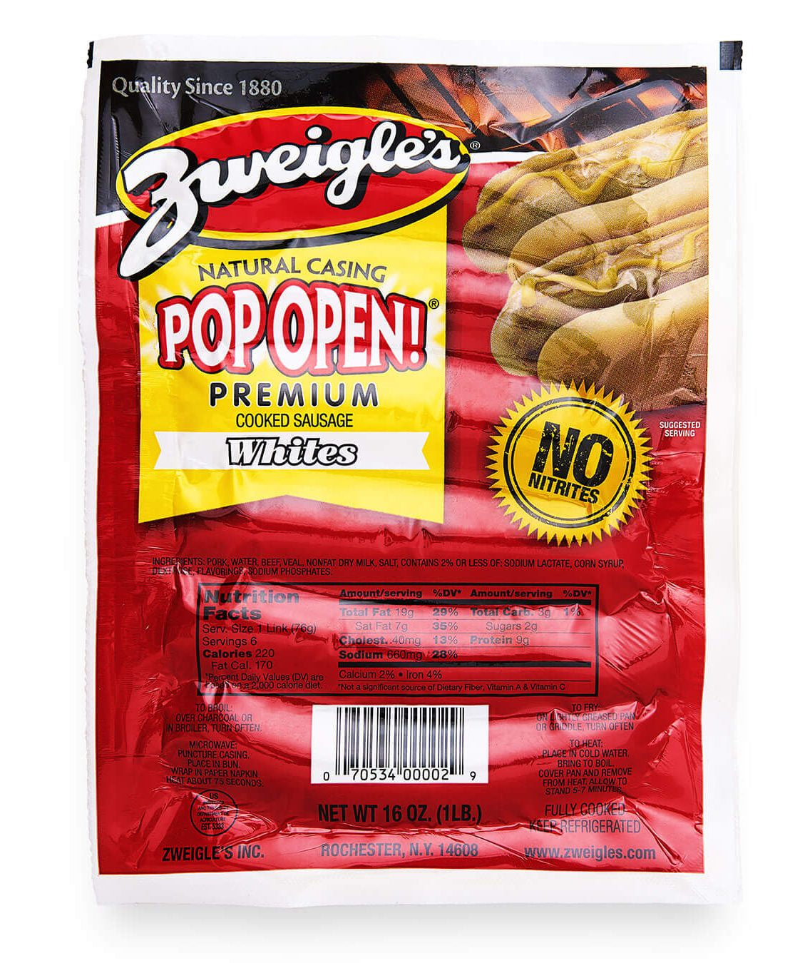 Zweigles Natural Casing Pop Open Premium Hotdogs Whites 16oz