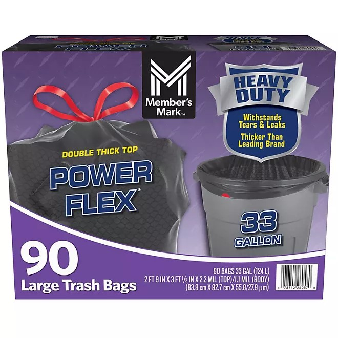 Member's Mark 33gal Power Flex Drawstring Trash Bags 90ct