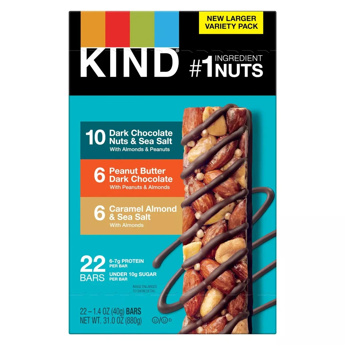 Kind Bar Dark Chocolate Nuts + Sea Salt, Peanut Butter Dark Chocolate and Caramel Almond + Sea Salt Variety Pack 22ct