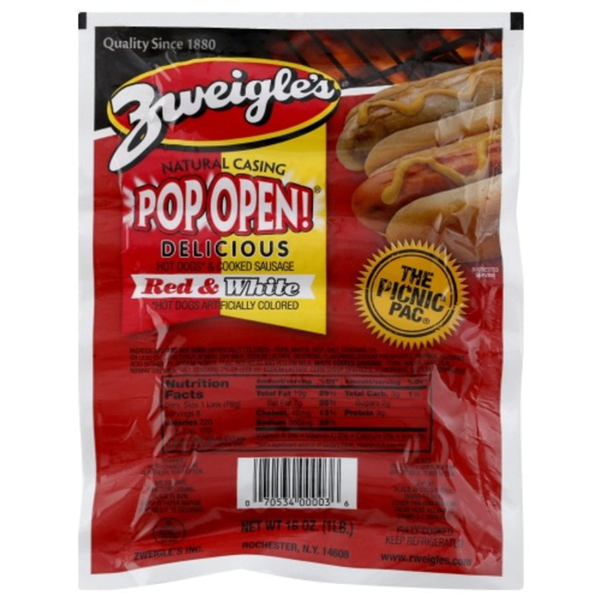 Zweigles Natural Casing Pop Open Premium Hot Dogs + Cooked Sausage, Red + White 16oz