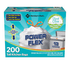 Member's Mark 13 Gallon Power Flex Kitchen Trash Bags Fresh Clean Scent 200ct