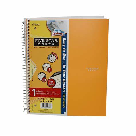 Mead Five Star Spiral Notebook Wide Ruled 100 Sheets