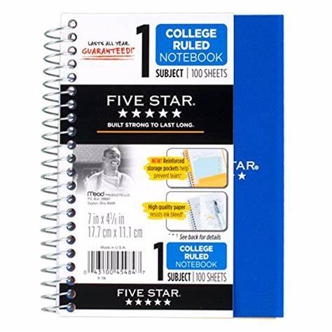 Mead Five Star Spiral Notebook College Ruled 100 Sheets